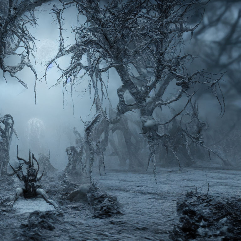 Eerie forest scene with twisted trees and shadowy figure