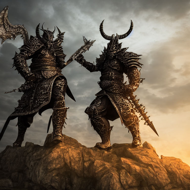 Armored fantasy warriors clash swords on rocky outcrop at sunset