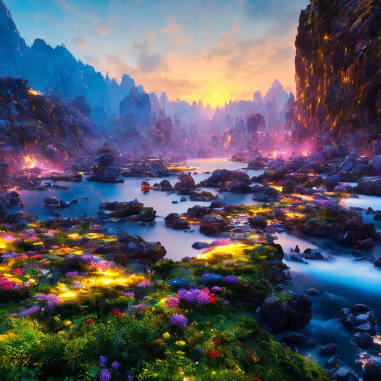 Vibrant flora, glowing lights, rocky terrain, serene river at sunset