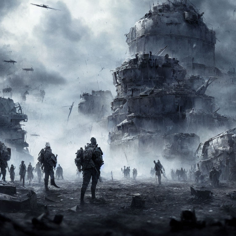 Dystopian battlefield with soldiers, structures, and helicopters