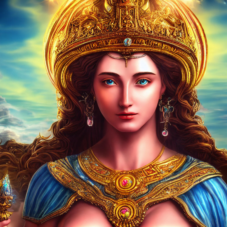 Elaborate golden headwear on regal female figure with green eyes and wavy brown hair