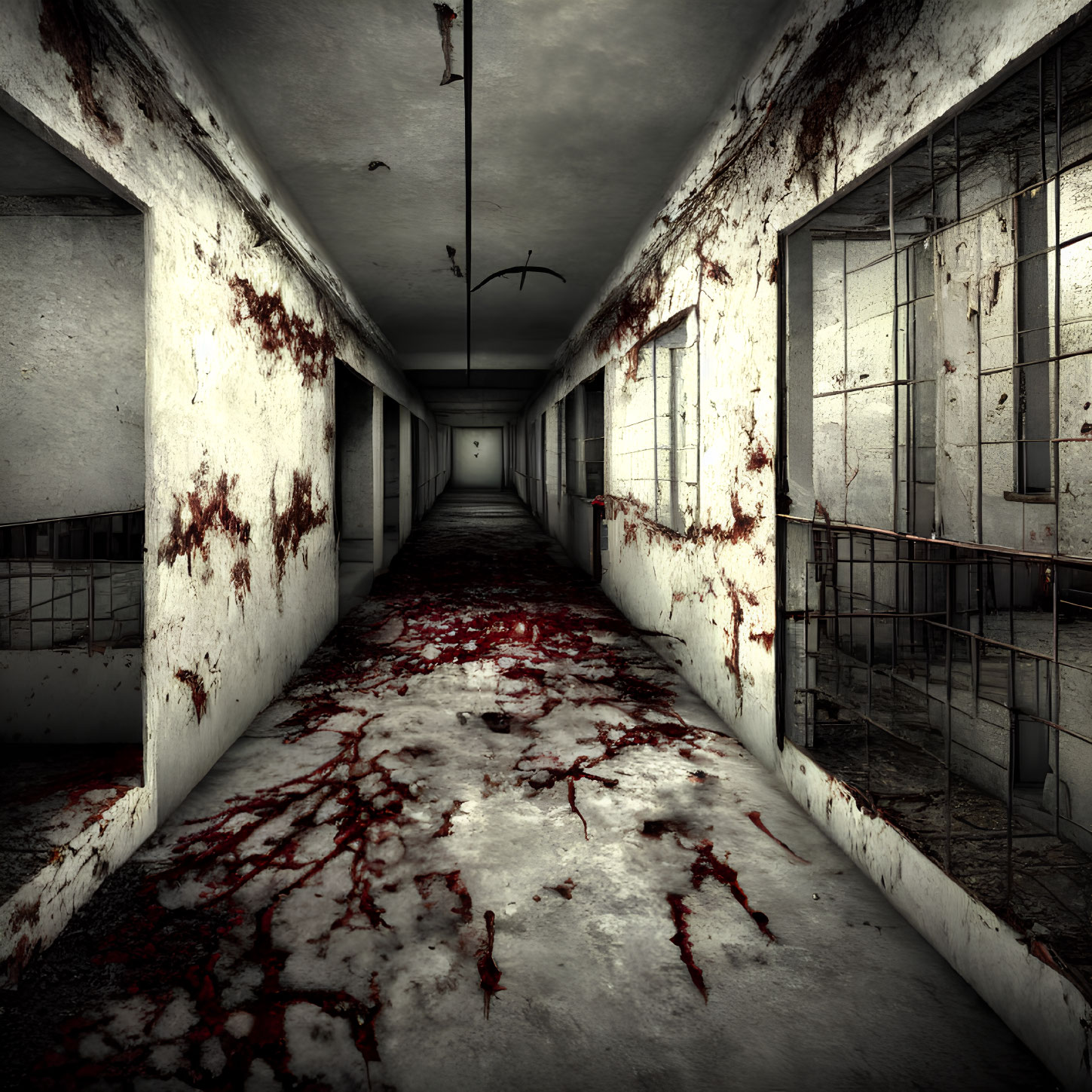 Spooky corridor with stained walls and blood-covered floor