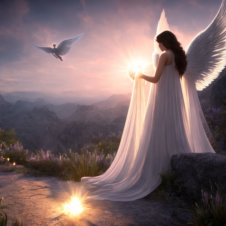 Angel with White Wings Holding Glowing Orb in Mountain Landscape at Sunset