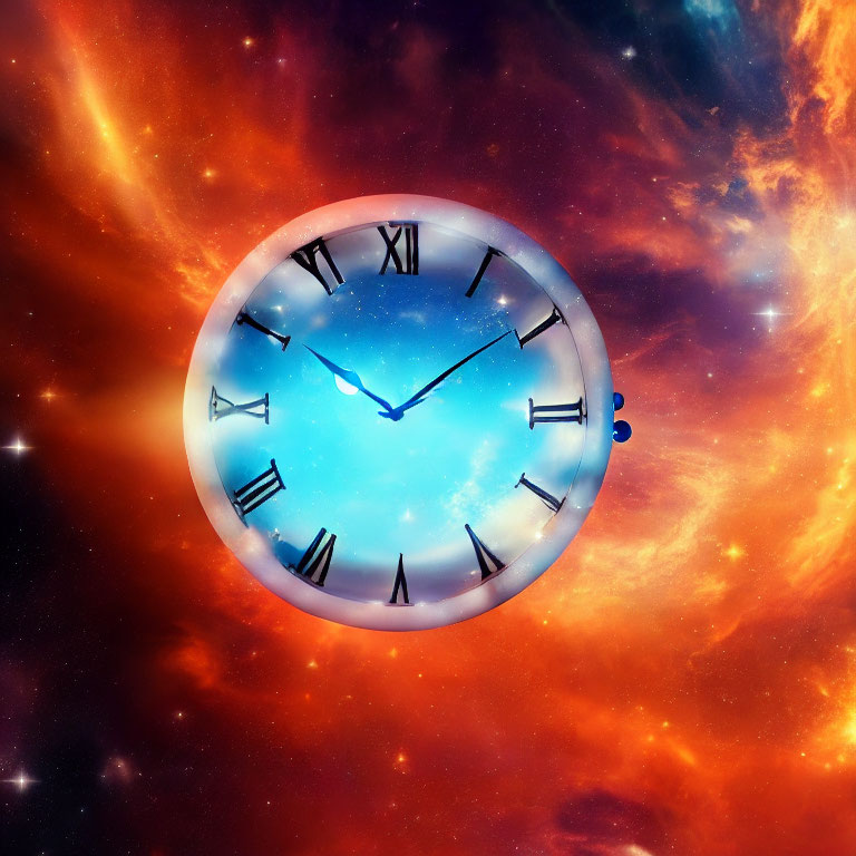 Surreal analog clock with Roman numerals in cosmic space with orange and red nebulae