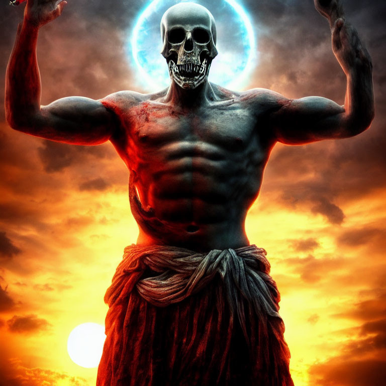 Muscular figure with skull head in front of dramatic sunset sky