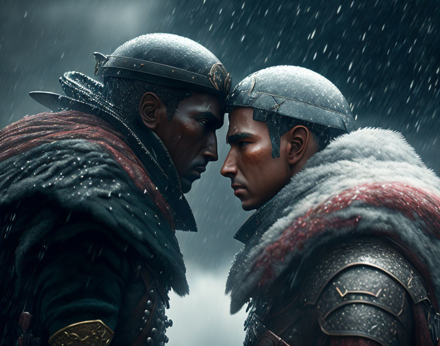 Two soldiers in armor in close proximity under a snowy sky, displaying intensity or camaraderie.