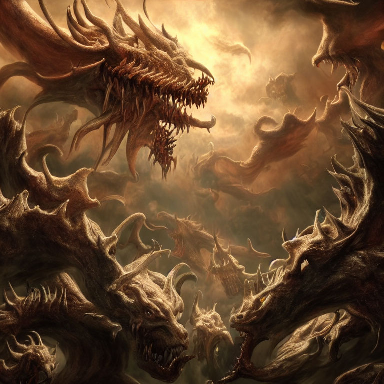 Multiple ferocious dragons in ominous sky with lightning