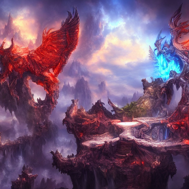 Fantasy artwork: Red and blue dragons battle over volcanic landscape