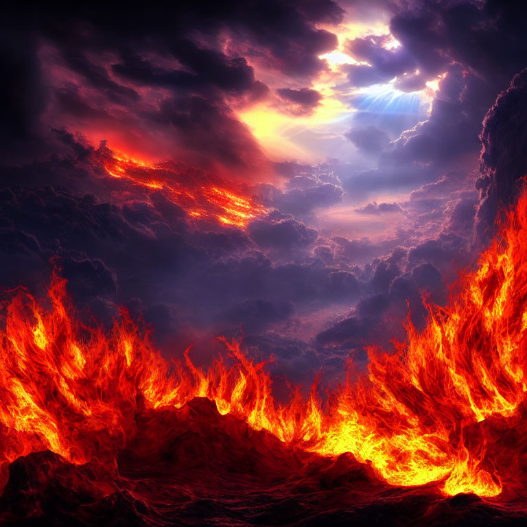 Intense red and orange flames in dramatic stormy sky