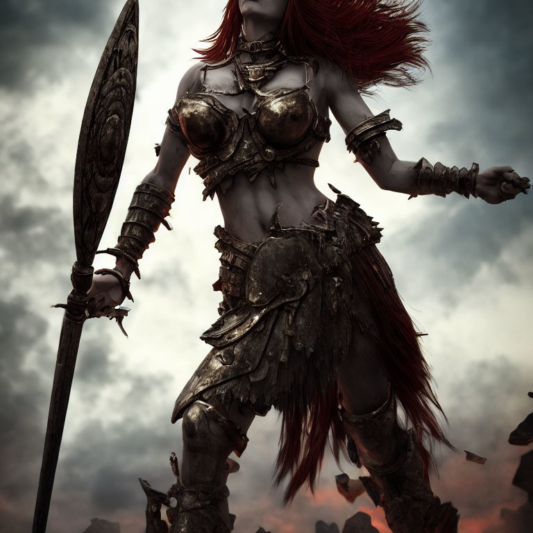 Red-haired warrior woman in armor with spear under stormy sky