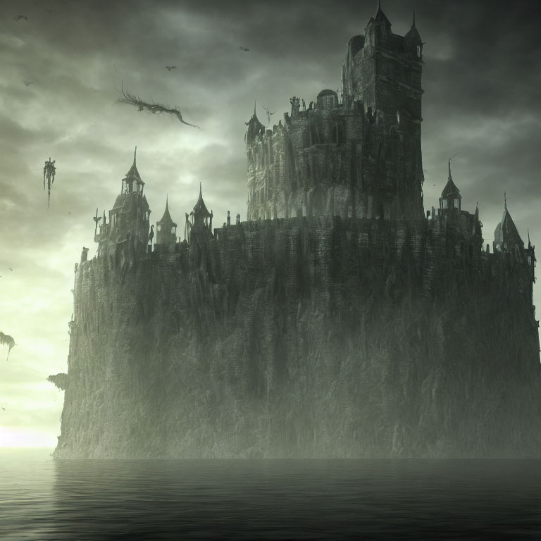 Gothic castle on cliff with circling dragons in misty setting