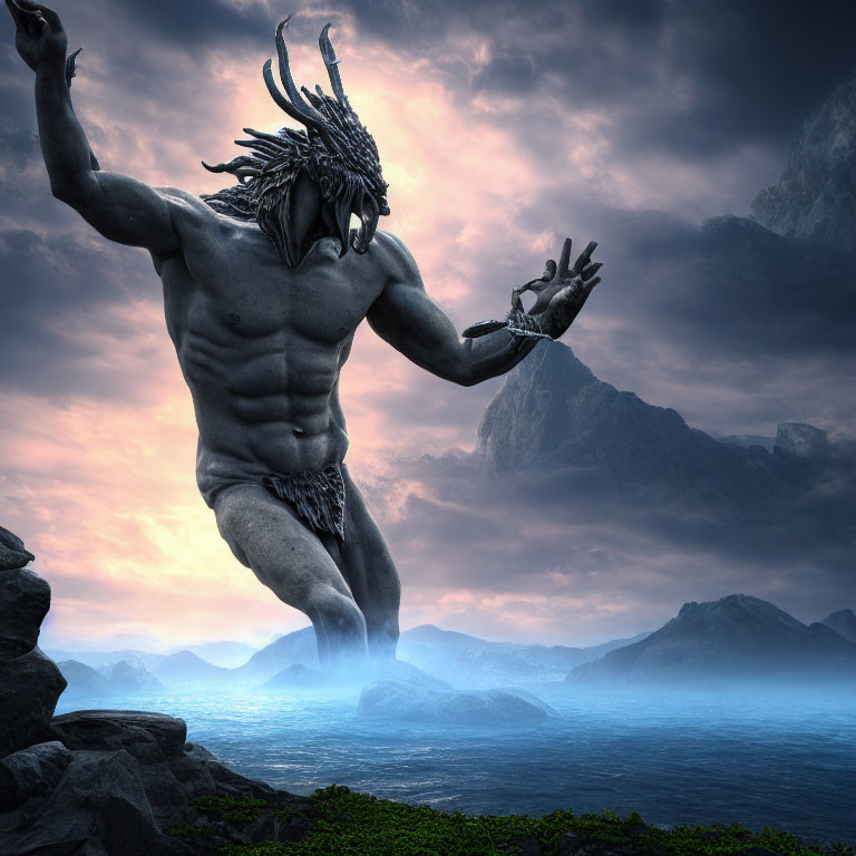 Muscular mythical figure with antler-like horns in misty mountain setting