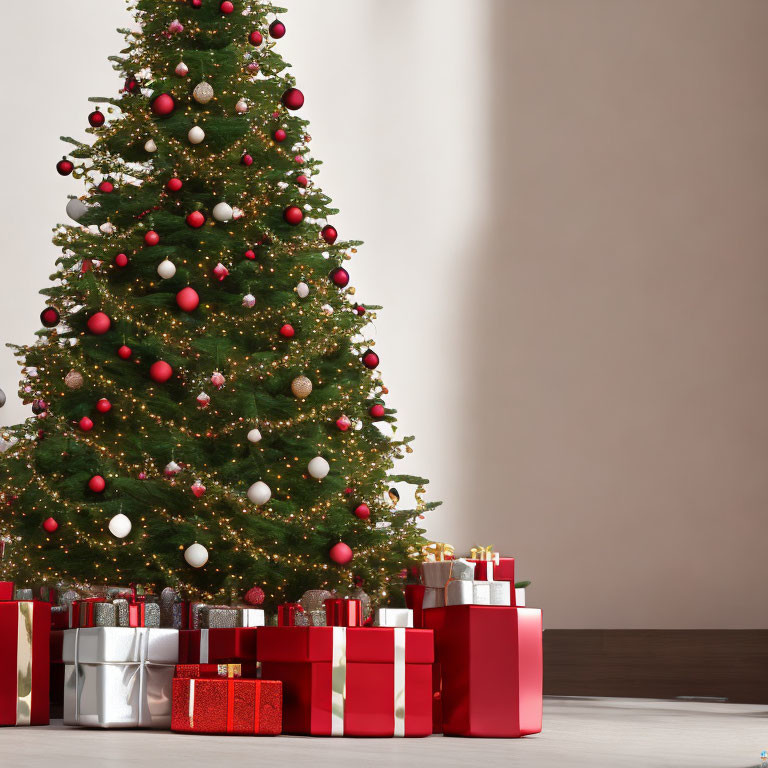 Festive Christmas tree with red and gold ornaments and wrapped gifts in indoor setting