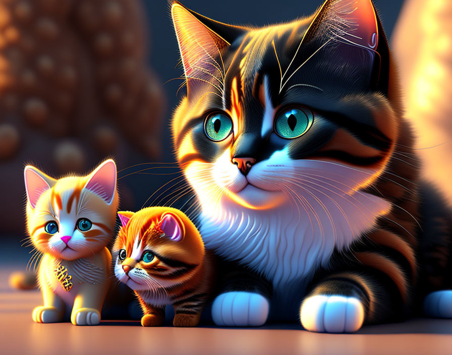 Three animated cats with large, expressive eyes in different sizes and colors on softly lit background