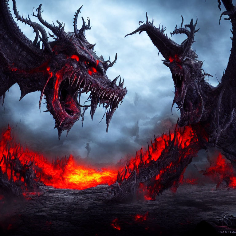 Two dragons confront each other over fiery lava under a cloudy sky