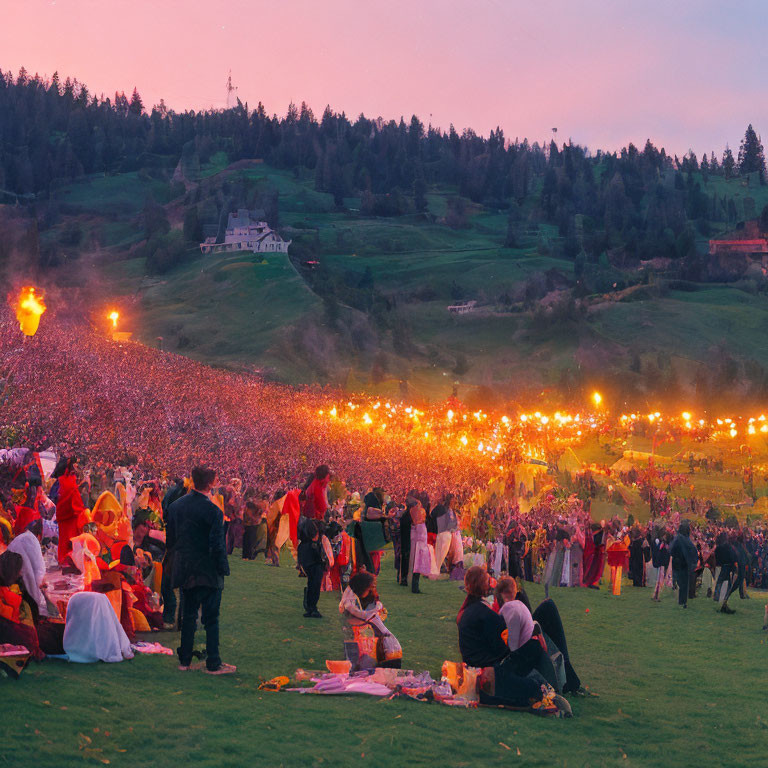 Festive outdoor gathering at dusk with torches and blankets by forested hill