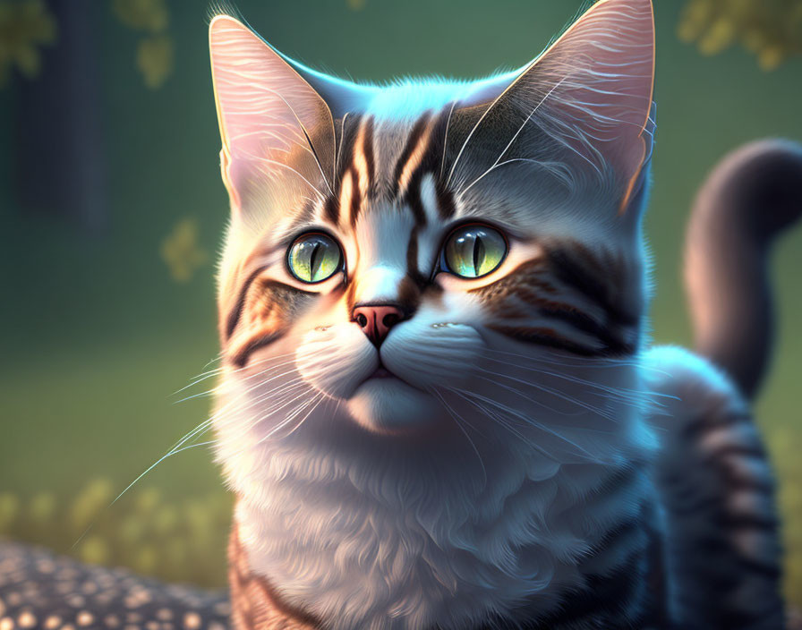 Photorealistic animated cat with striped fur and yellow eyes in warm light