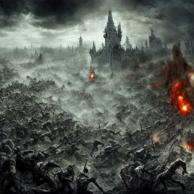 Gothic castle overlooking fallen warriors on dark battlefield