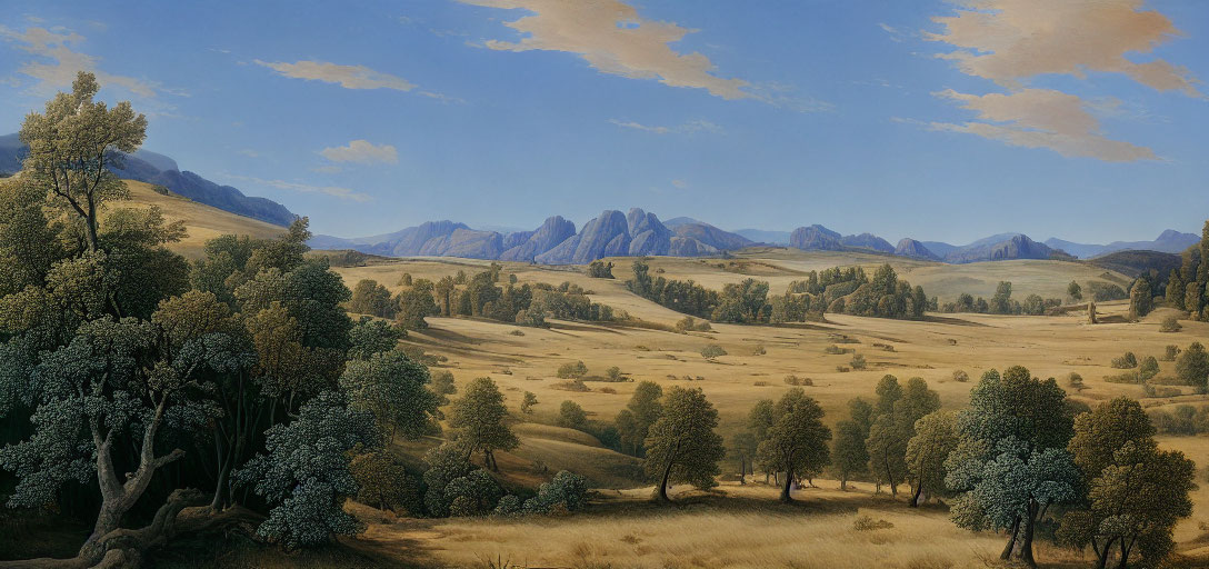 Scenic pastoral landscape with hills, fields, trees, and mountains