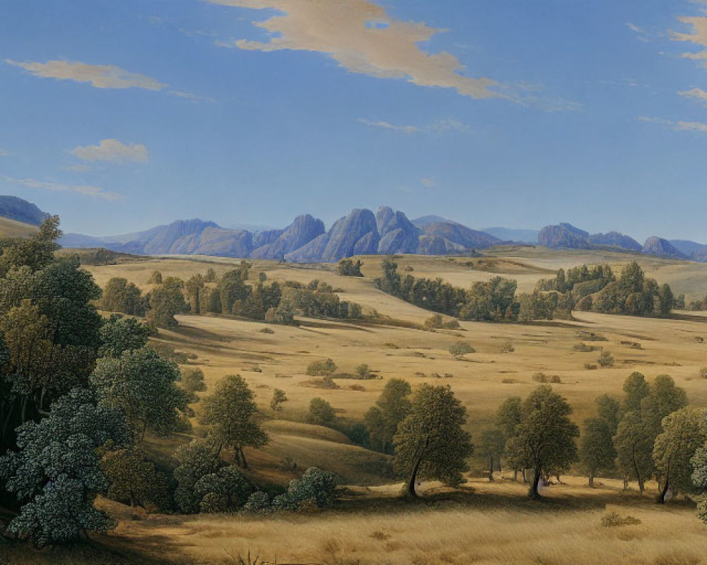 Scenic pastoral landscape with hills, fields, trees, and mountains