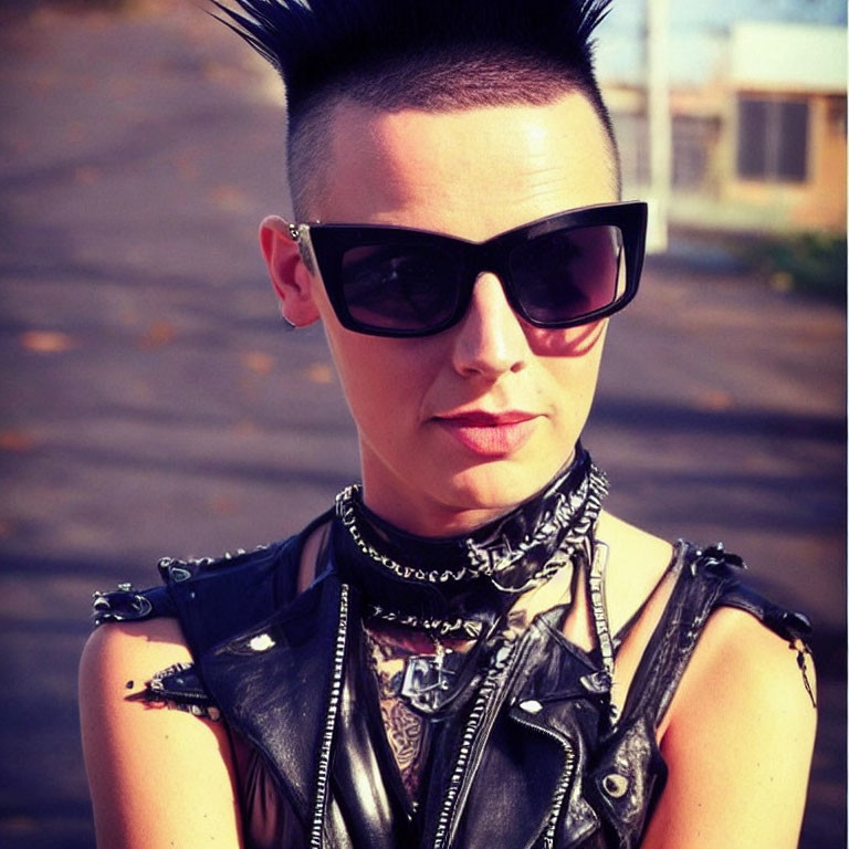 Person with Mohawk and Sunglasses in Studded Leather Jacket