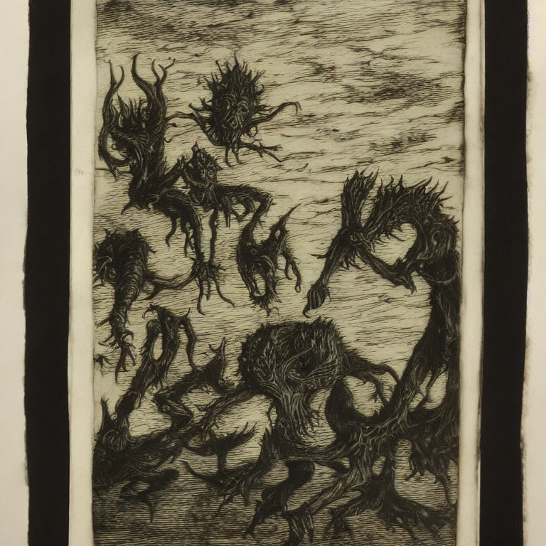 Dark etching: Fantastical creatures in dreamlike landscape