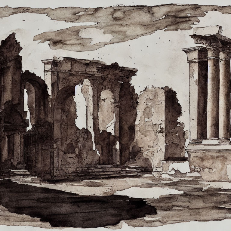 Ink wash painting of ancient Roman ruins with arches and columns