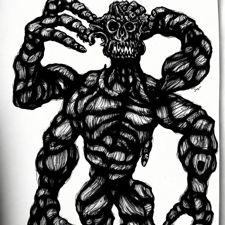 Ink drawing of muscular, multi-armed creature with skull face