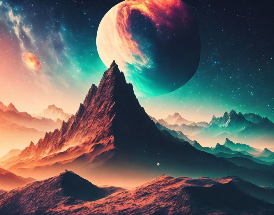 Surreal landscape with rugged mountains and oversized planets under a warm, nebula glow