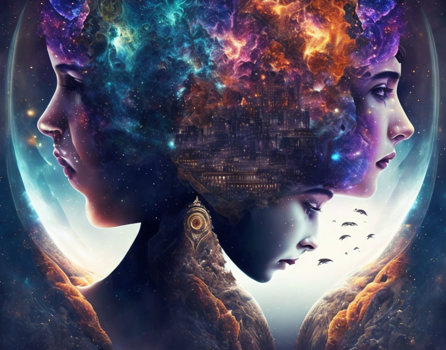 Digital artwork: Three female profiles with cosmic cityscape merging into celestial sphere surrounded by stars and nebula