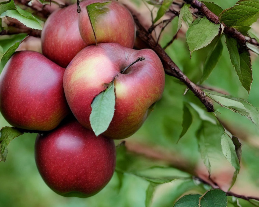 Ripe red apples on tree branch with green leaves