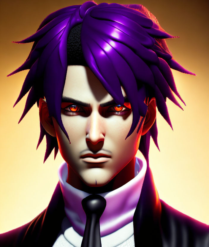 Male figure with purple hair and red eyes in 3D portrait wearing black suit