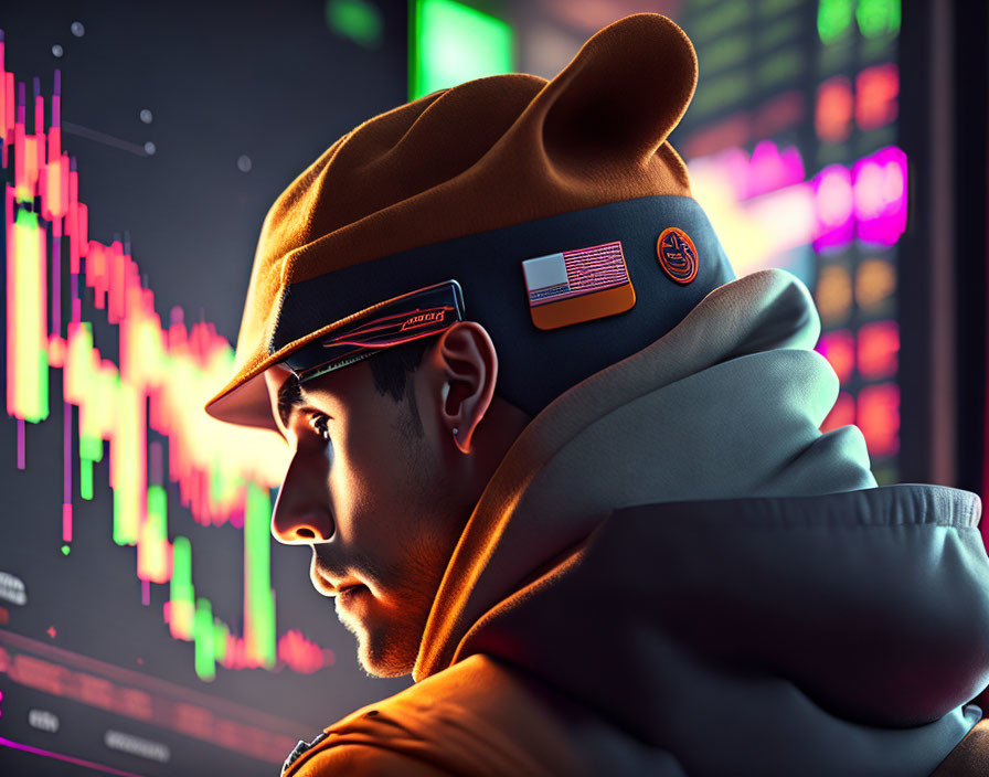 Profile of person in cap and jacket studying colorful financial graphs on screen.