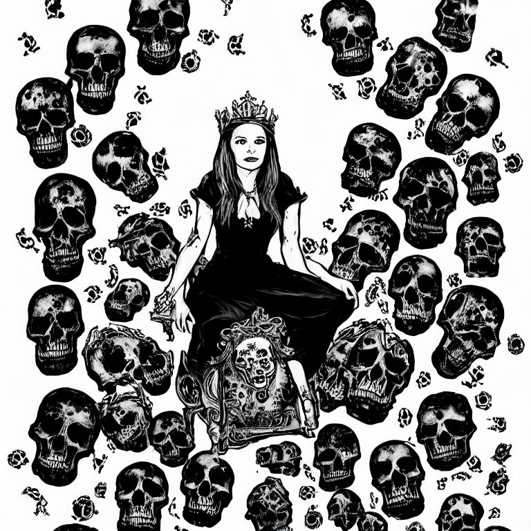 Woman in crown and black dress on throne with skull pattern on white background