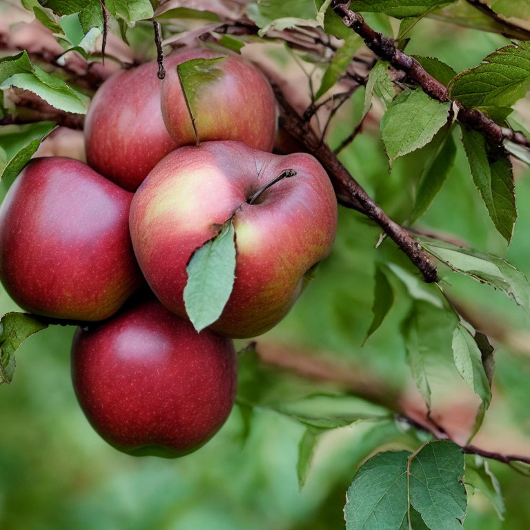 Ripe red apples on tree branch with green leaves