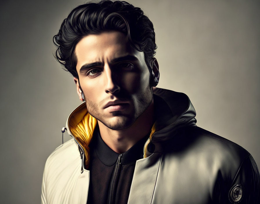 Stylized portrait of man with wavy hair and leather jacket