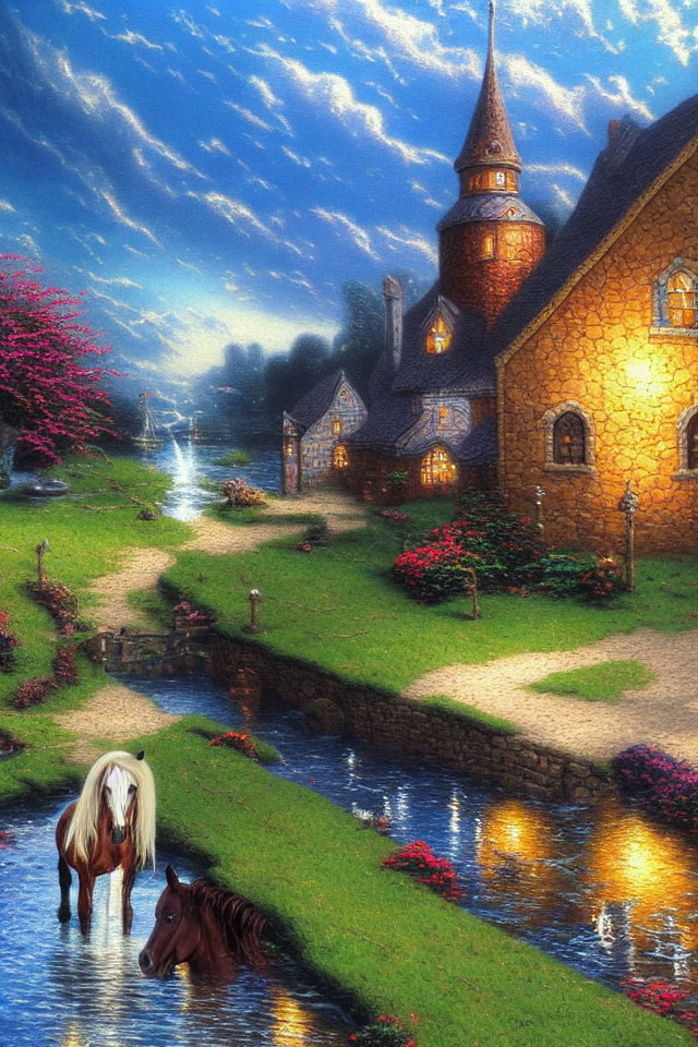 Rural village with horses at stream under twilight sky