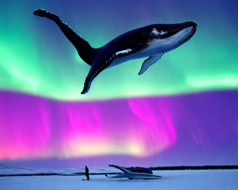 Surreal image: person, giant whales in sky, northern lights