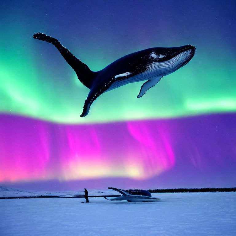 Surreal image: person, giant whales in sky, northern lights