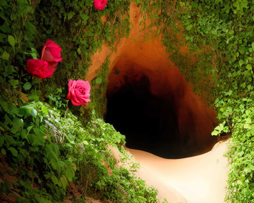 Tranquil Cave Entrance with Greenery, Red Roses, and Sandy Floor