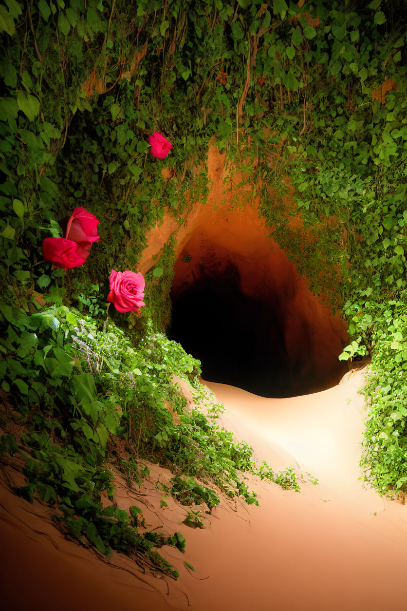 Tranquil Cave Entrance with Greenery, Red Roses, and Sandy Floor