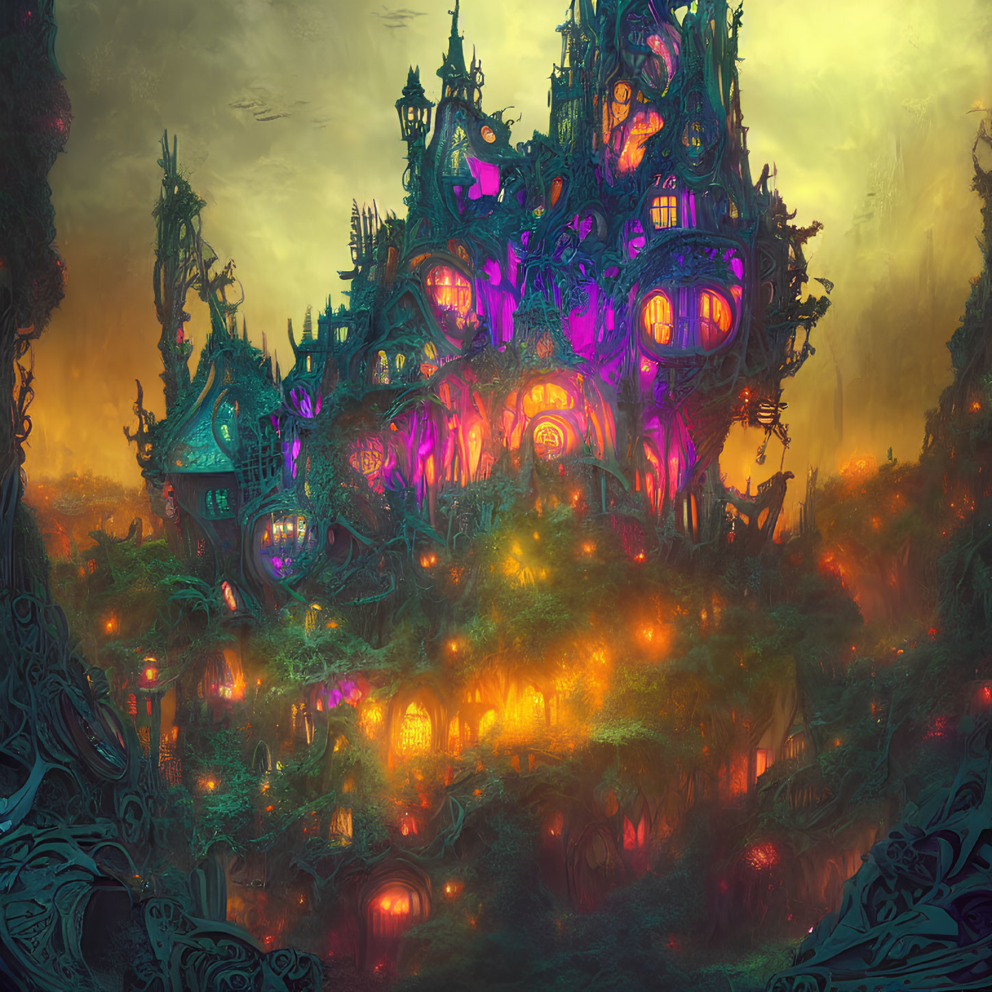 Glowing fantasy castle in enchanted forest with colorful lights