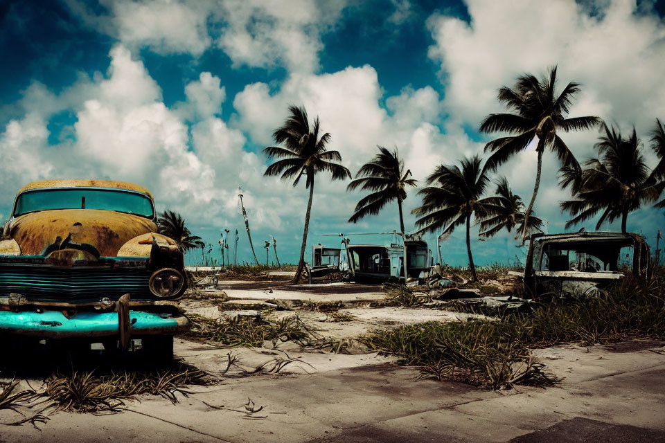 Abandoned vintage cars on sandy beach with palm trees under moody sky