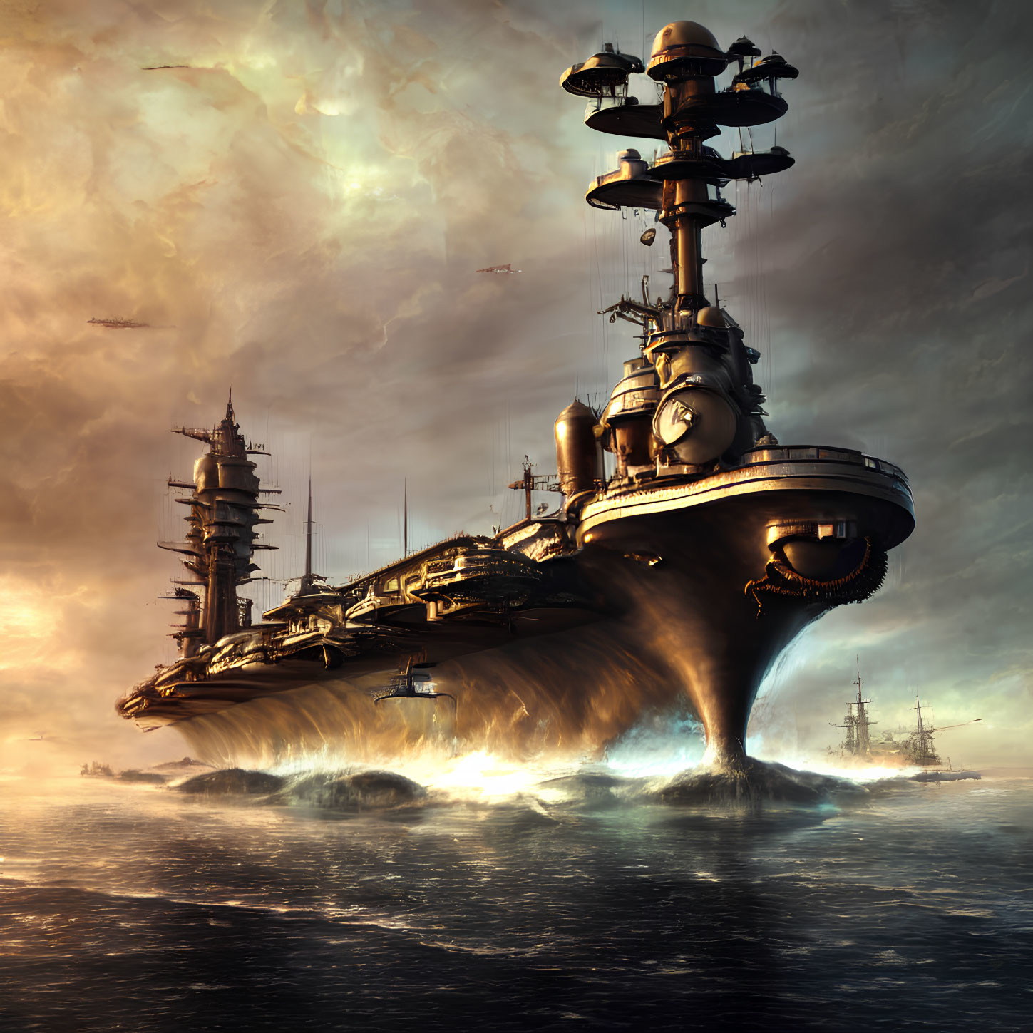 Futuristic battleships on high seas at sunset