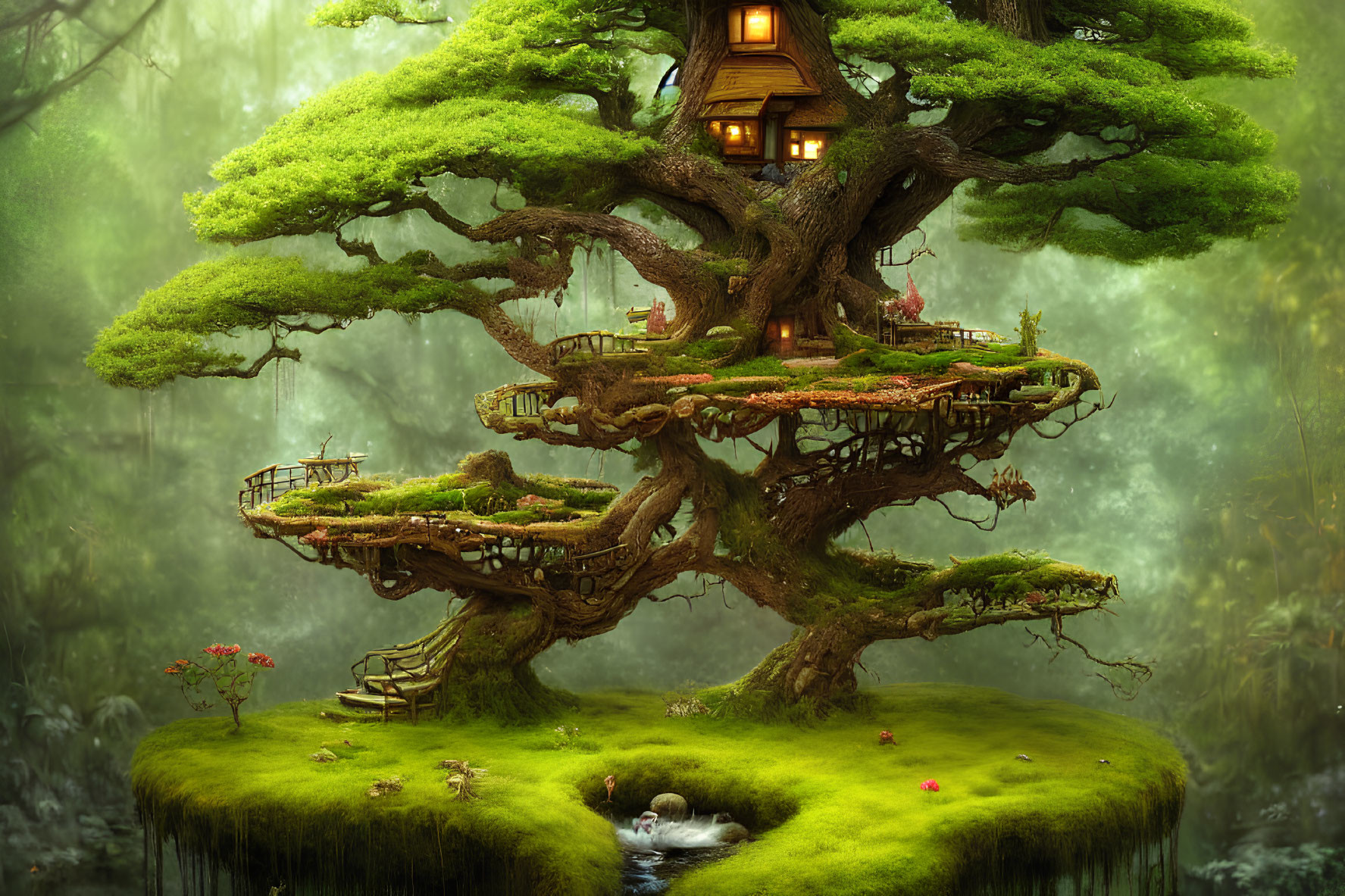 Enchanting treehouse in ancient tree amidst lush forest