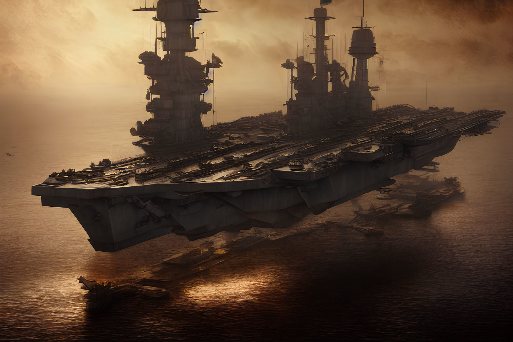 Futuristic aircraft carrier with towers and ships in misty atmosphere