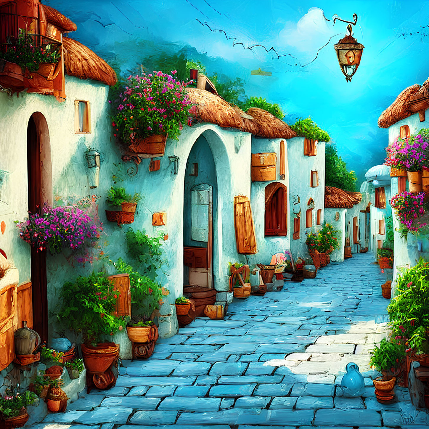 Picturesque cobalt blue stone street with white houses and colorful flowers.