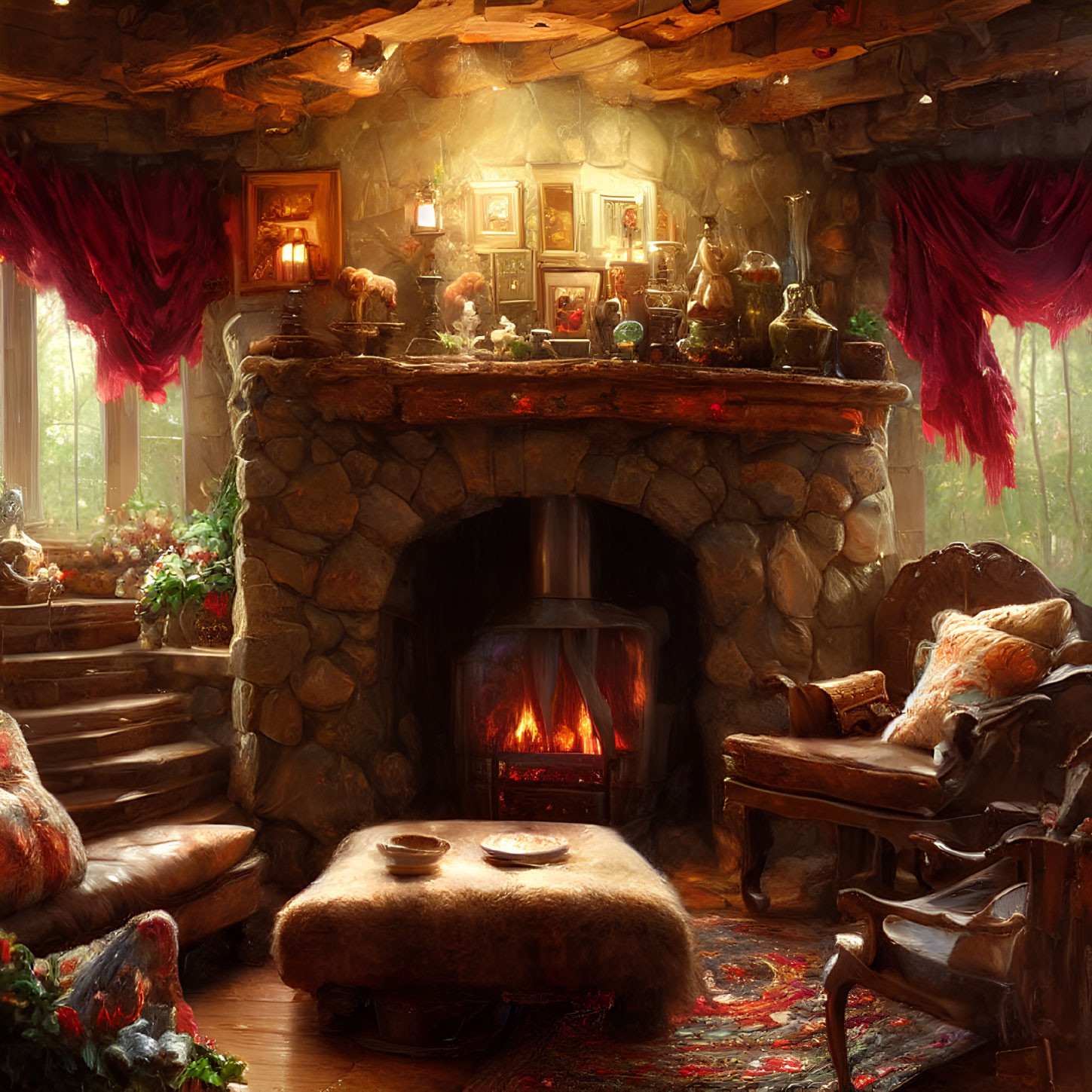 Rustic cabin interior with fireplace, wooden beams, plush seating, warm lighting