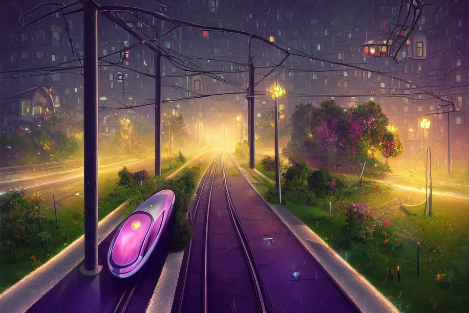 Futuristic purple train on elevated tracks in vibrant cityscape