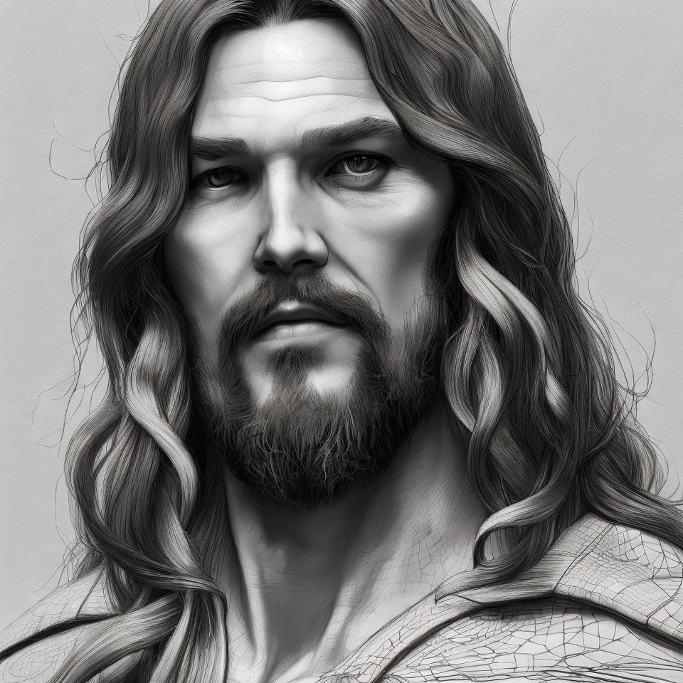 Monochrome digital portrait of a man with long hair, beard, intense gaze, and textured garment